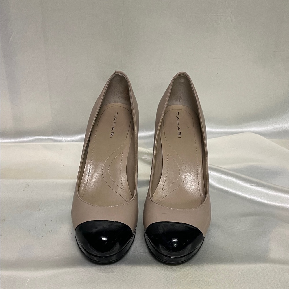Tahari Taupe and Black Cap Toe Heels